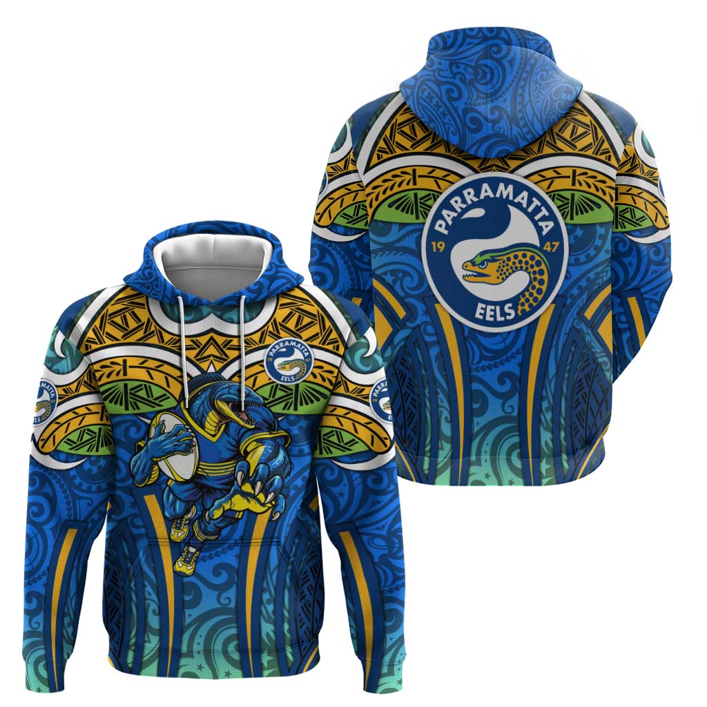 Parramatta Eels Rugby Hoodie Polynesian Tribal Eel Warrior Blue Gold Pattern
