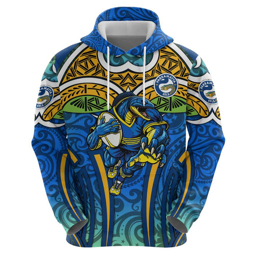 Parramatta Eels Rugby Hoodie Polynesian Tribal Eel Warrior Blue Gold Pattern