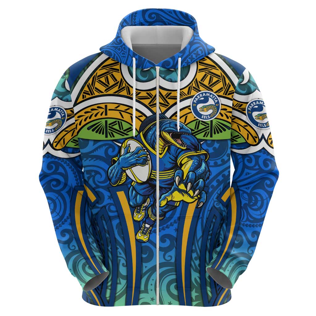 Parramatta Eels Rugby Hoodie Polynesian Tribal Eel Warrior Blue Gold Pattern