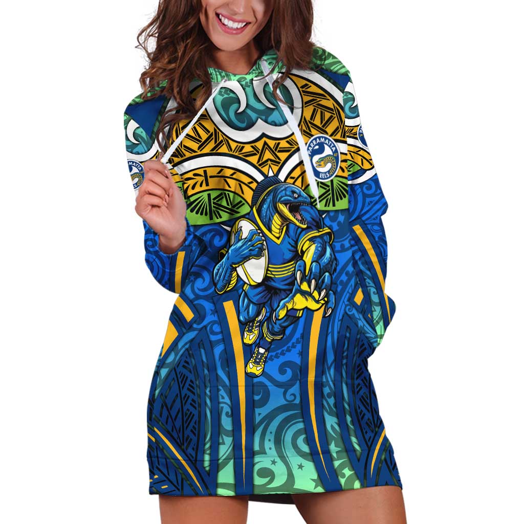 Parramatta Eels Rugby Hoodie Dress Polynesian Tribal Eel Warrior Blue Gold Pattern