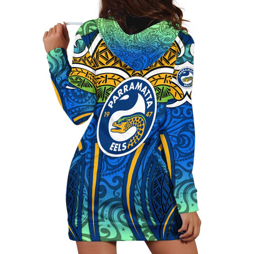 Parramatta Eels Rugby Hoodie Dress Polynesian Tribal Eel Warrior Blue Gold Pattern
