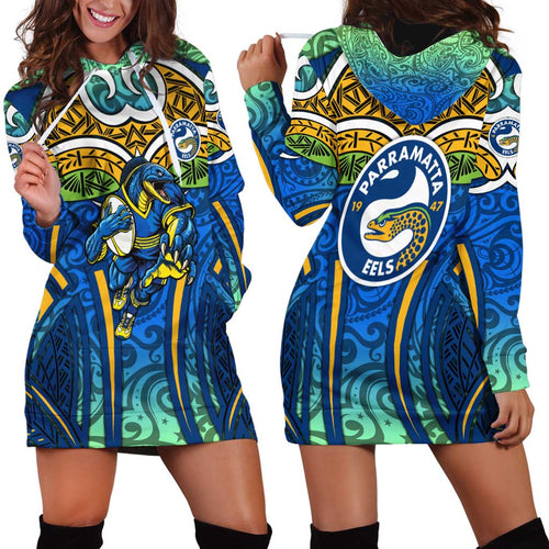 Parramatta Eels Rugby Hoodie Dress Polynesian Tribal Eel Warrior Blue Gold Pattern