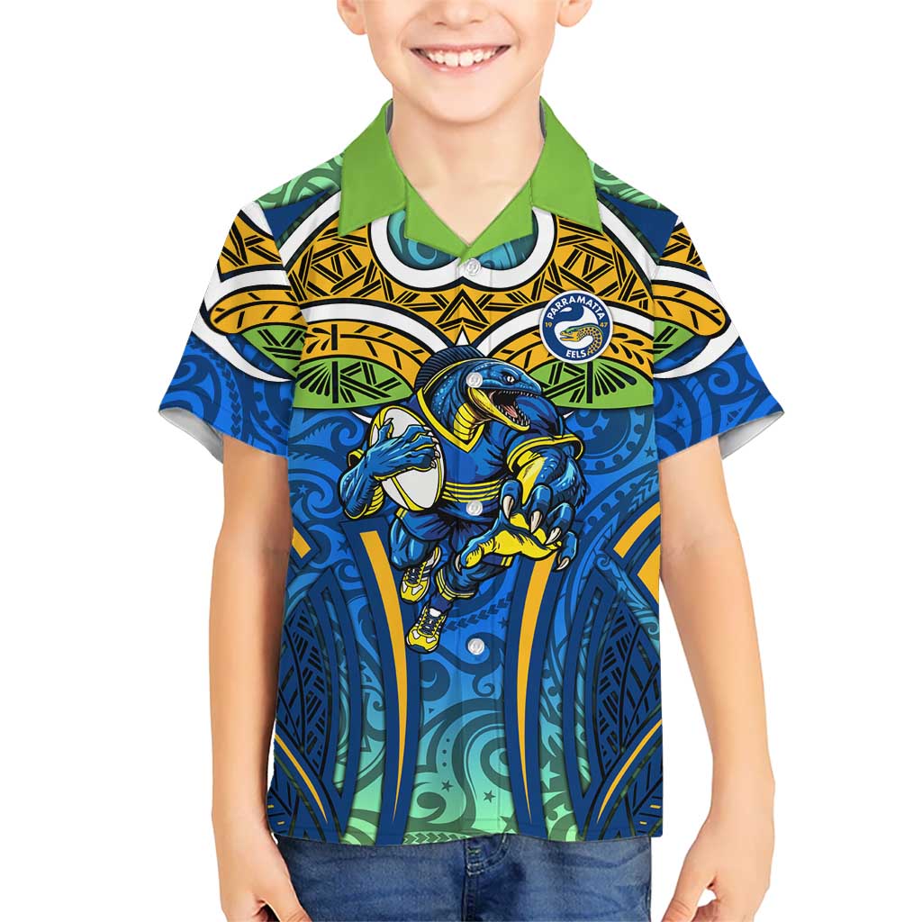 Parramatta Eels Rugby Kid Hawaiian Shirt Polynesian Tribal Eel Warrior Blue Gold Pattern