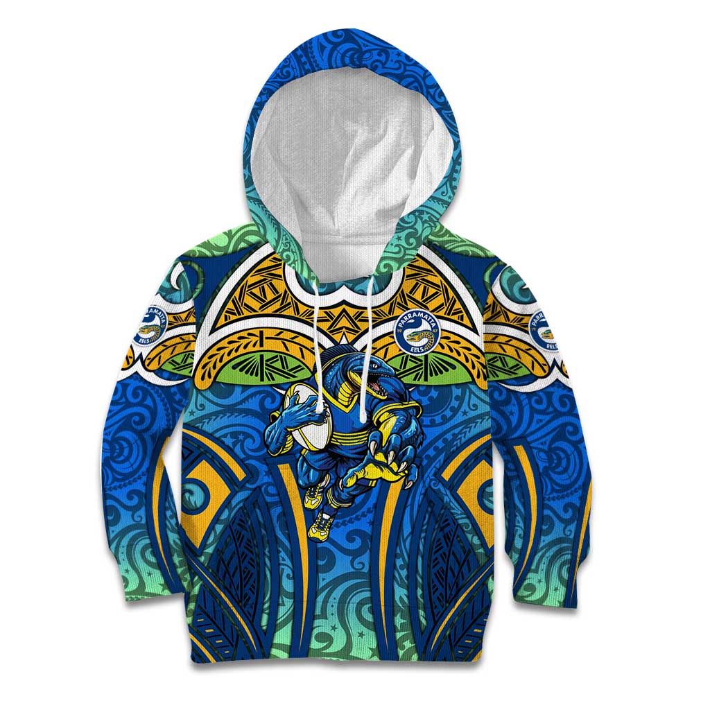 Parramatta Eels Rugby Kid Hoodie Polynesian Tribal Eel Warrior Blue Gold Pattern