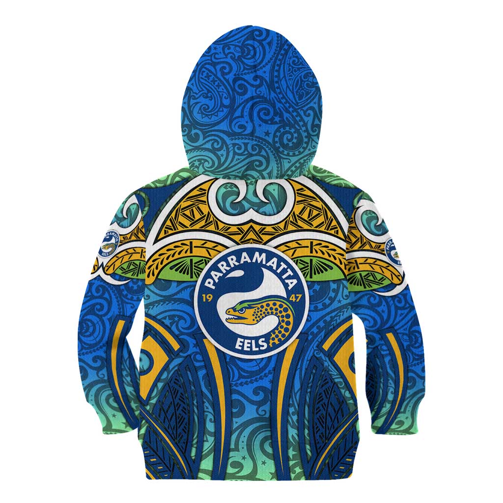 Parramatta Eels Rugby Kid Hoodie Polynesian Tribal Eel Warrior Blue Gold Pattern