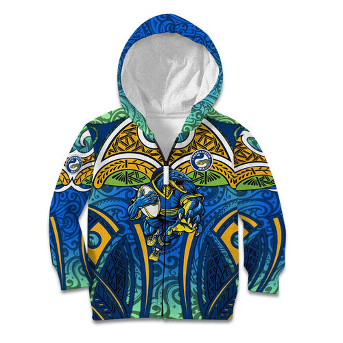 Parramatta Eels Rugby Kid Hoodie Polynesian Tribal Eel Warrior Blue Gold Pattern