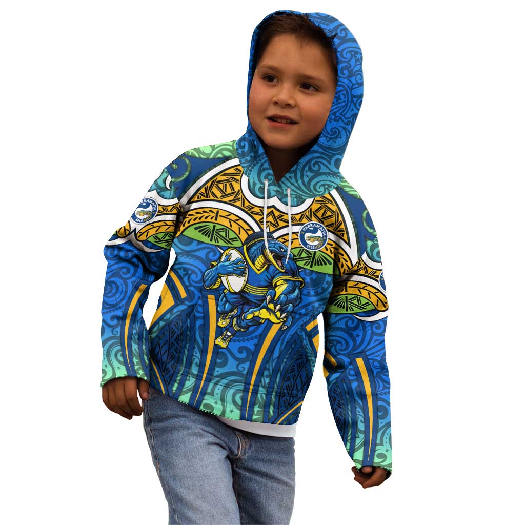 Parramatta Eels Rugby Kid Hoodie Polynesian Tribal Eel Warrior Blue Gold Pattern