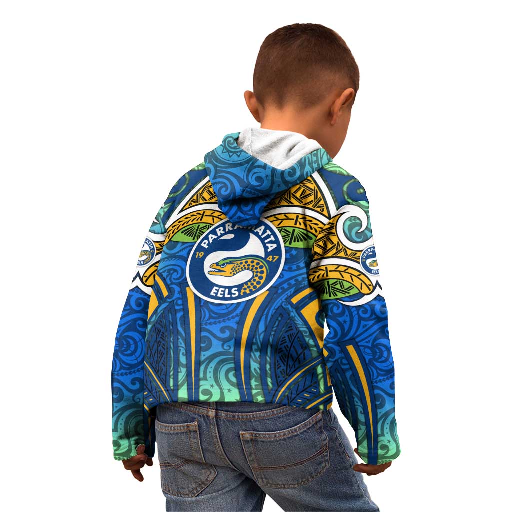 Parramatta Eels Rugby Kid Hoodie Polynesian Tribal Eel Warrior Blue Gold Pattern