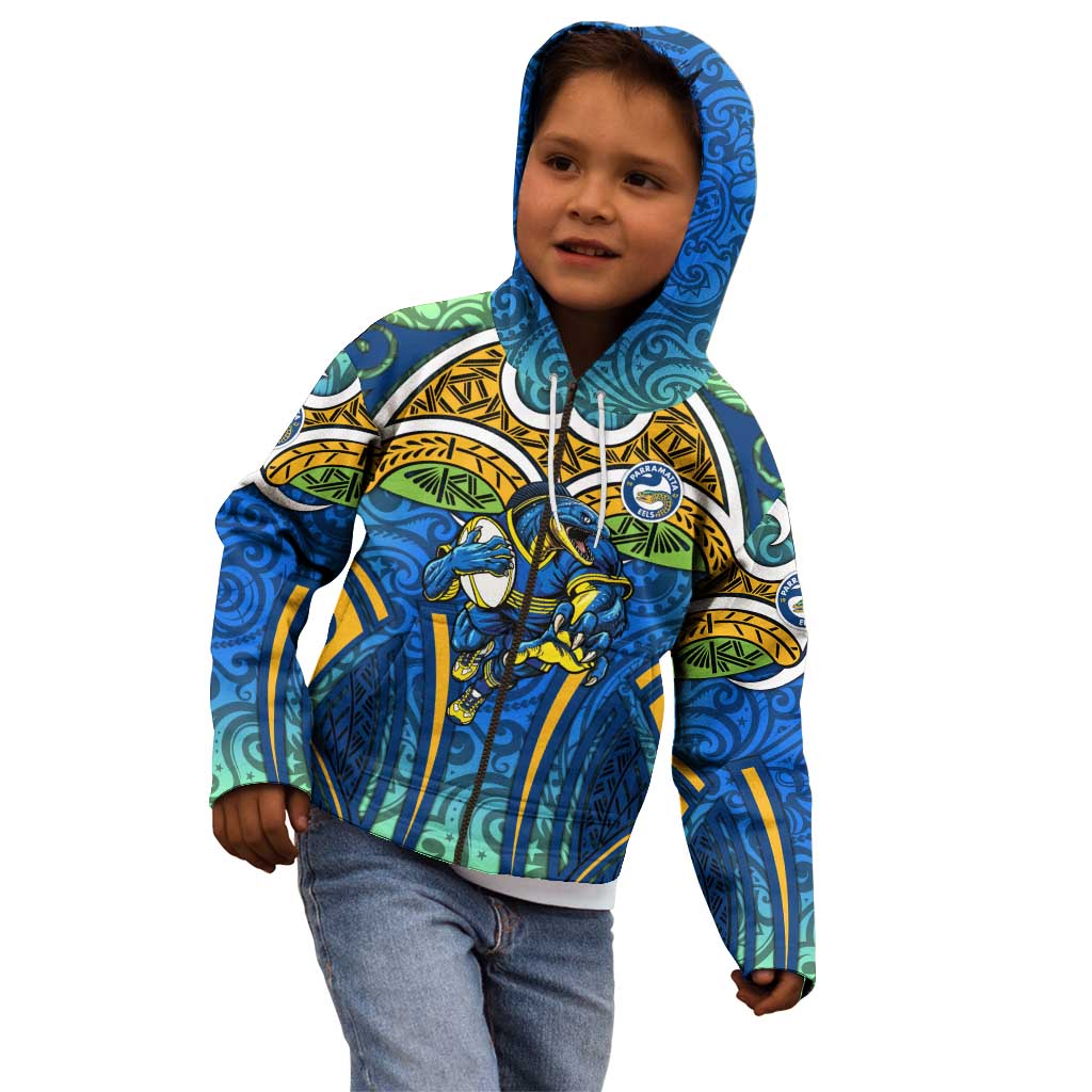Parramatta Eels Rugby Kid Hoodie Polynesian Tribal Eel Warrior Blue Gold Pattern