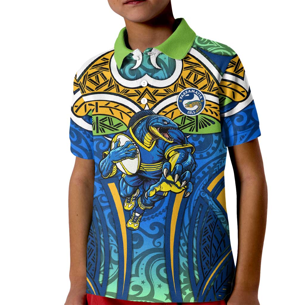 Parramatta Eels Rugby Kid Polo Shirt Polynesian Tribal Eel Warrior Blue Gold Pattern