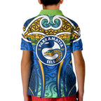 Parramatta Eels Rugby Kid Polo Shirt Polynesian Tribal Eel Warrior Blue Gold Pattern