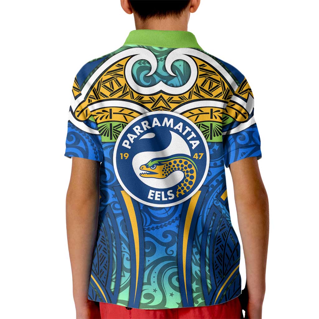 Parramatta Eels Rugby Kid Polo Shirt Polynesian Tribal Eel Warrior Blue Gold Pattern