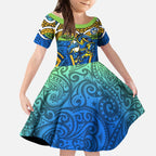 Parramatta Eels Rugby Kid Short Sleeve Dress Polynesian Tribal Eel Warrior Blue Gold Pattern