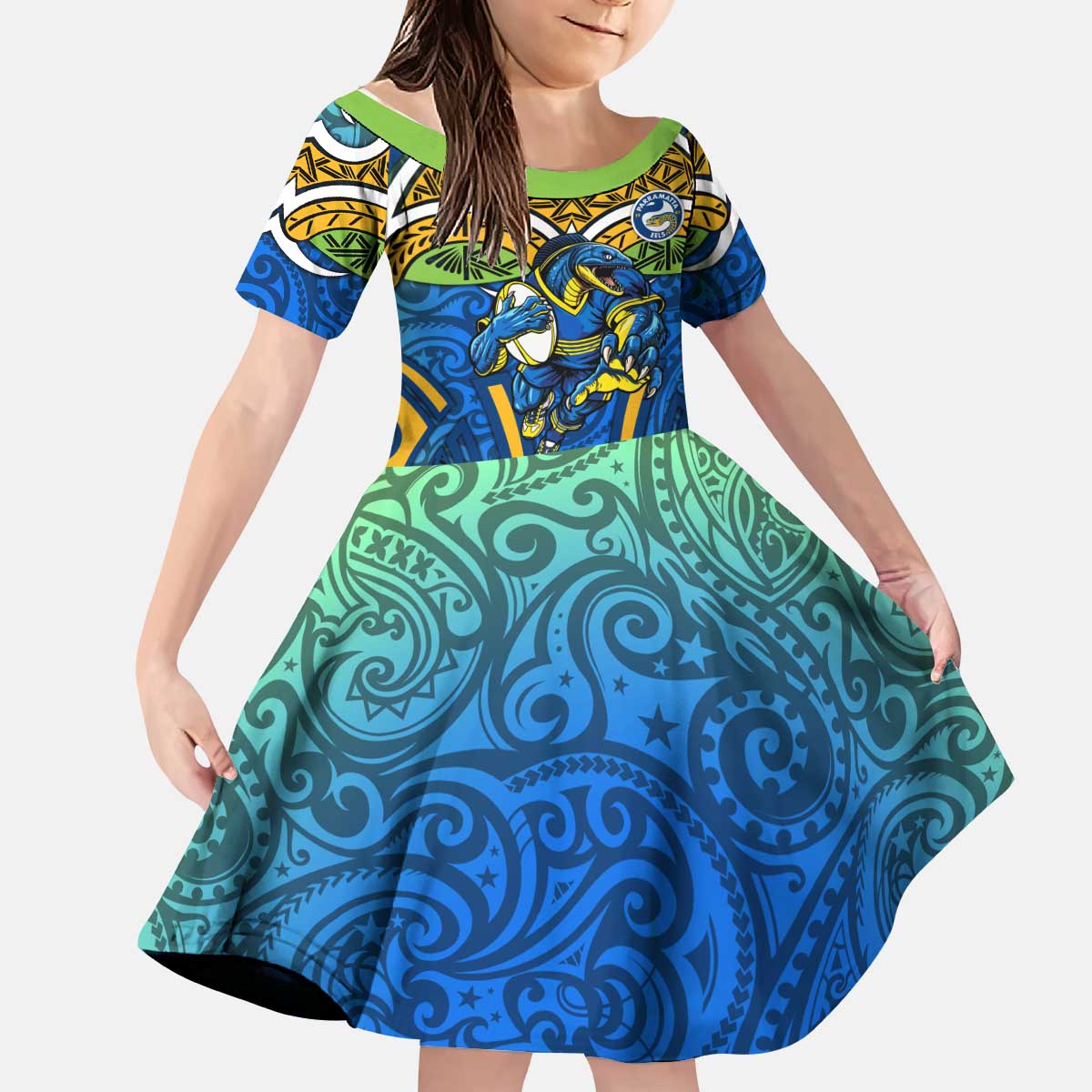 Parramatta Eels Rugby Kid Short Sleeve Dress Polynesian Tribal Eel Warrior Blue Gold Pattern