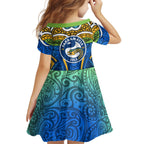 Parramatta Eels Rugby Kid Short Sleeve Dress Polynesian Tribal Eel Warrior Blue Gold Pattern