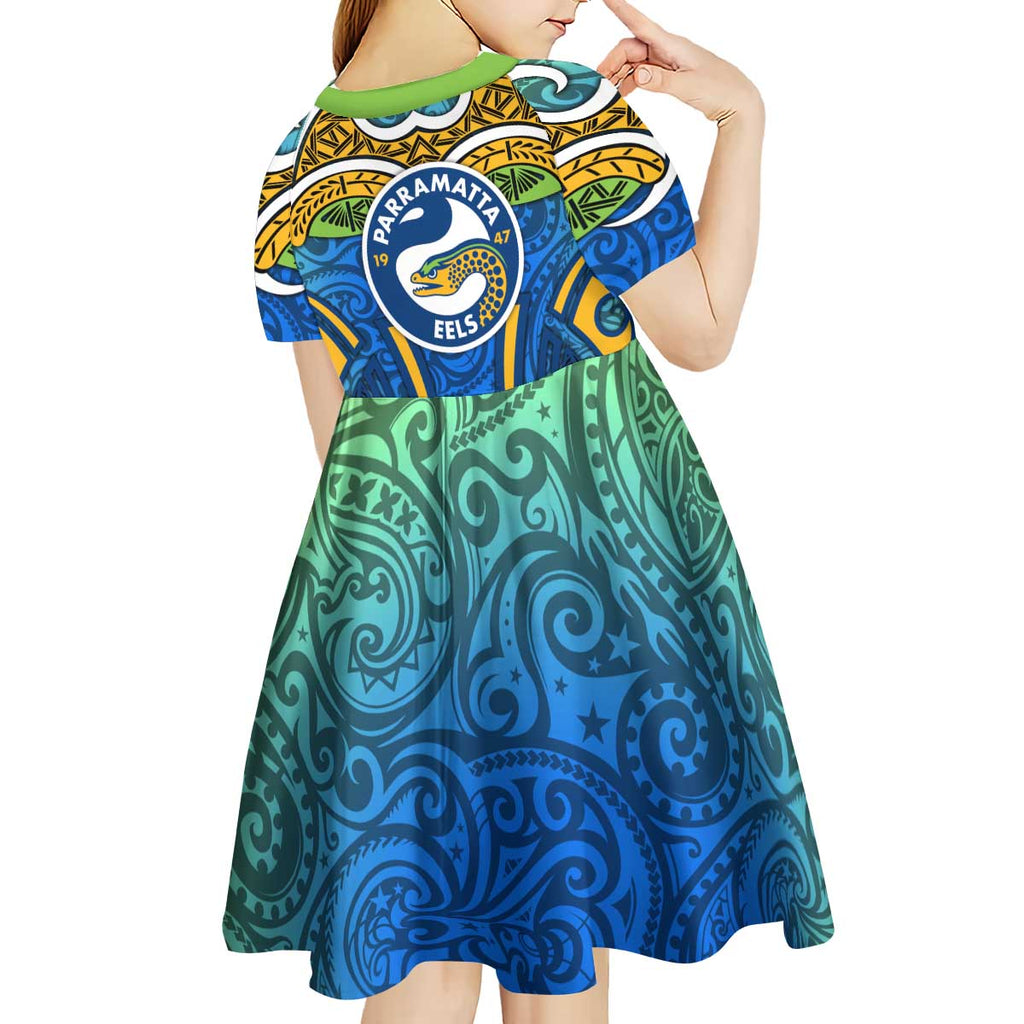 Parramatta Eels Rugby Kid Short Sleeve Dress Polynesian Tribal Eel Warrior Blue Gold Pattern