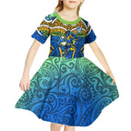 Parramatta Eels Rugby Kid Short Sleeve Dress Polynesian Tribal Eel Warrior Blue Gold Pattern