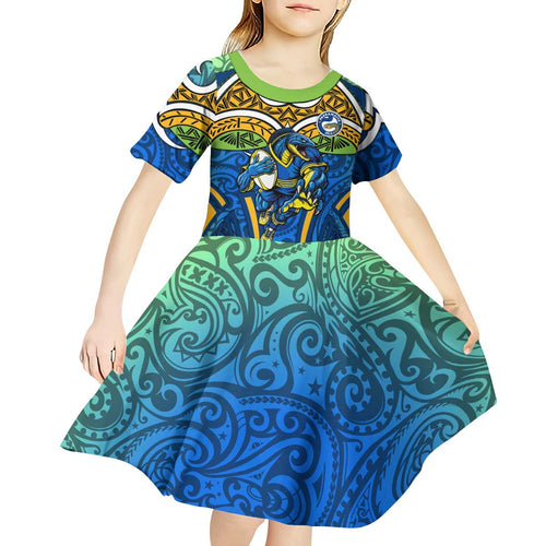 Parramatta Eels Rugby Kid Short Sleeve Dress Polynesian Tribal Eel Warrior Blue Gold Pattern