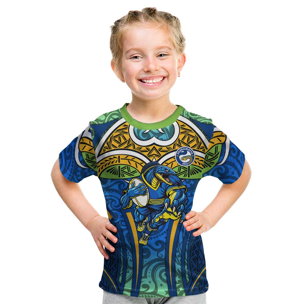 Parramatta Eels Rugby Kid T Shirt Polynesian Tribal Eel Warrior Blue Gold Pattern