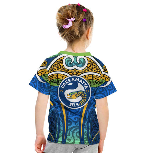 Parramatta Eels Rugby Kid T Shirt Polynesian Tribal Eel Warrior Blue Gold Pattern