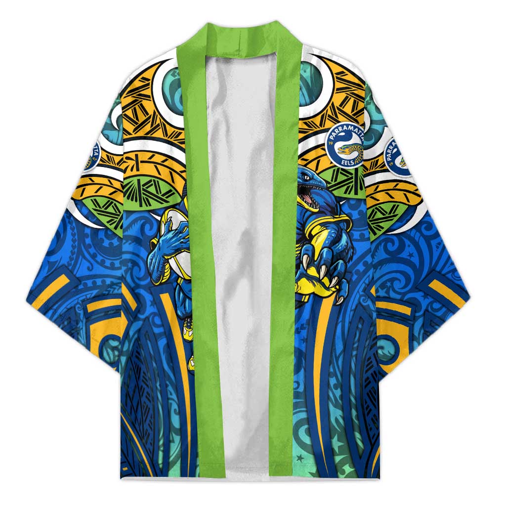 Parramatta Eels Rugby Kimono Polynesian Tribal Eel Warrior Blue Gold Pattern