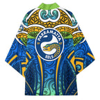 Parramatta Eels Rugby Kimono Polynesian Tribal Eel Warrior Blue Gold Pattern