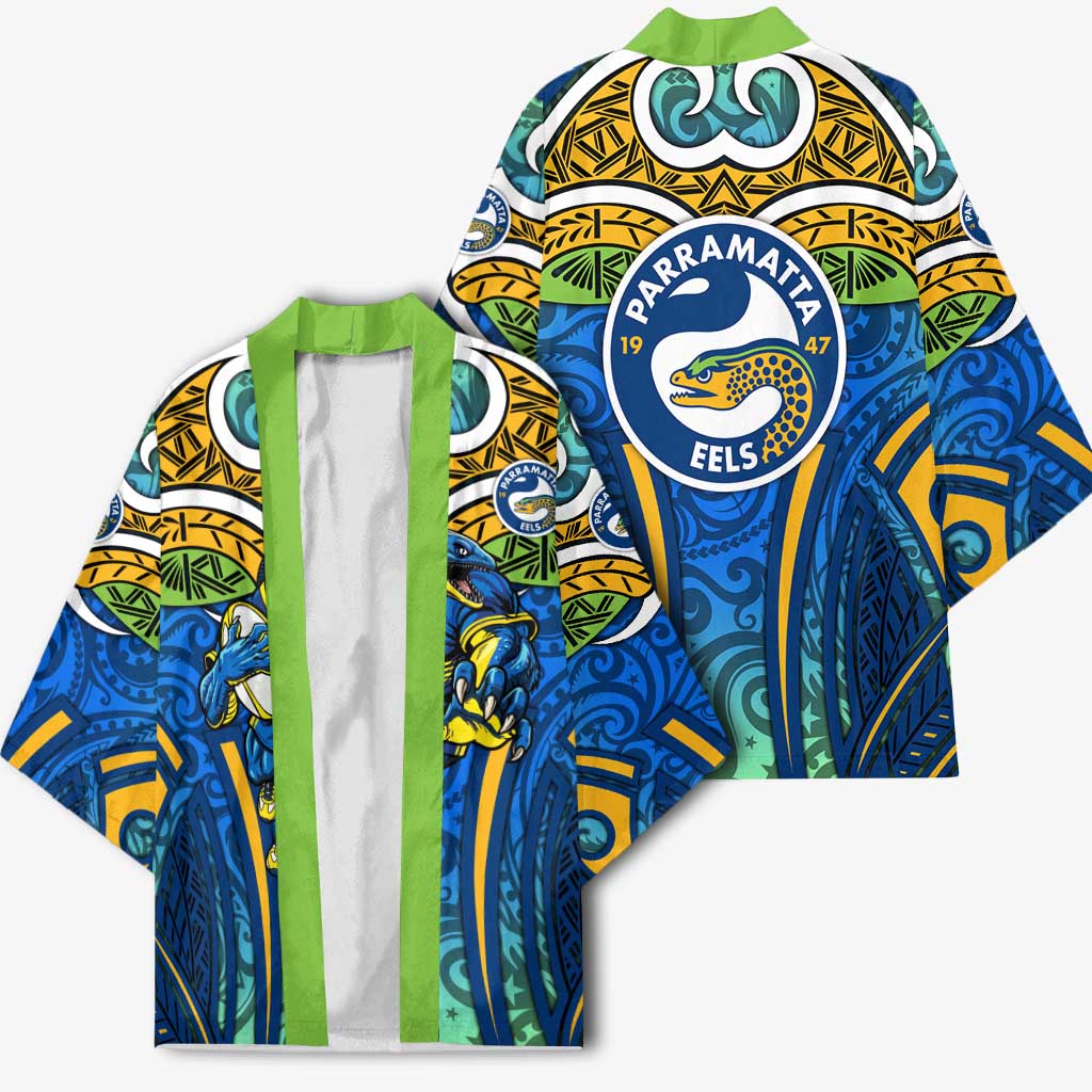 Parramatta Eels Rugby Kimono Polynesian Tribal Eel Warrior Blue Gold Pattern
