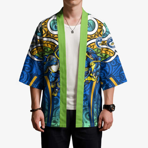 Parramatta Eels Rugby Kimono Polynesian Tribal Eel Warrior Blue Gold Pattern