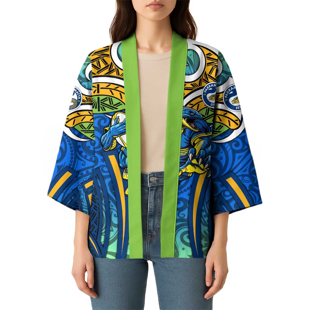 Parramatta Eels Rugby Kimono Polynesian Tribal Eel Warrior Blue Gold Pattern