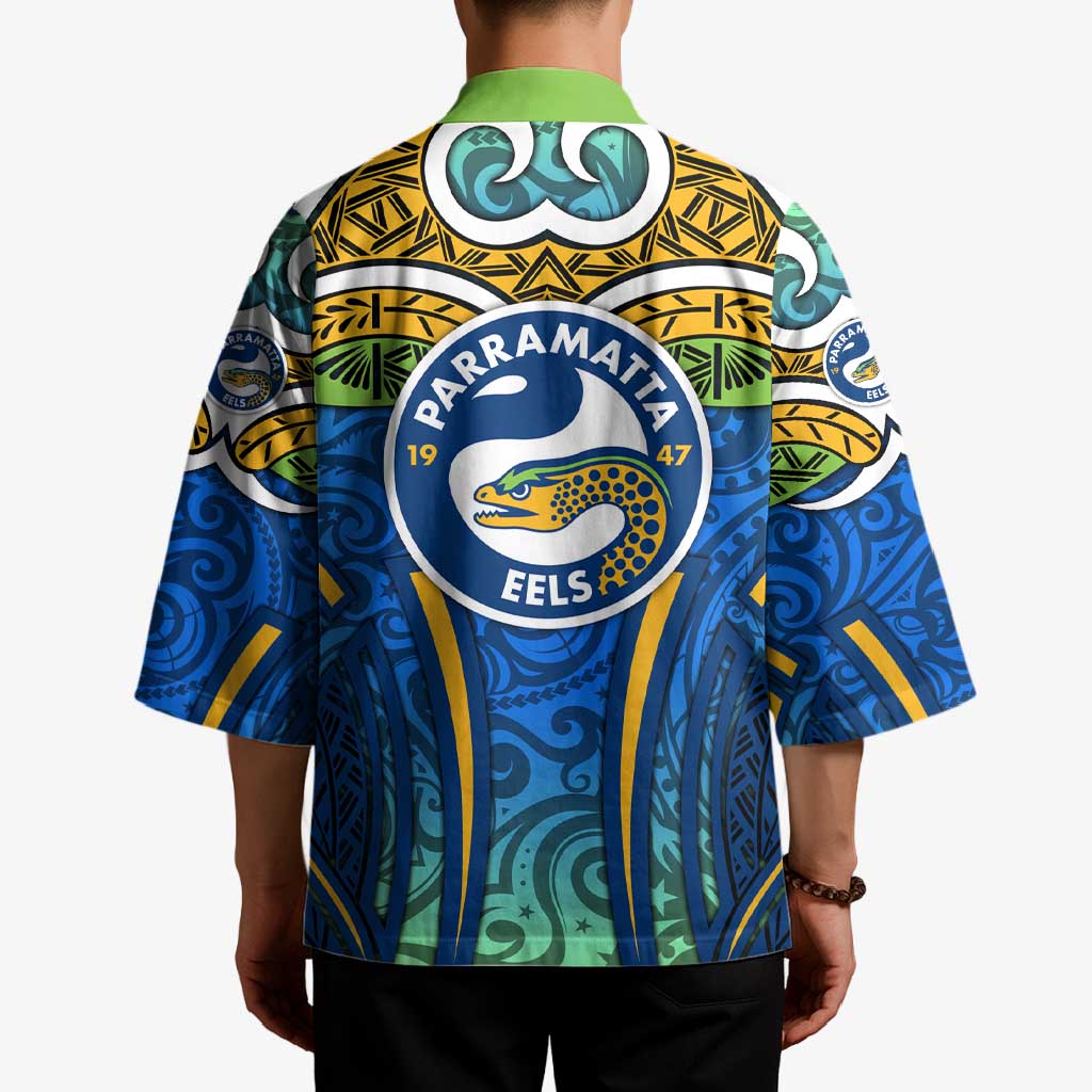 Parramatta Eels Rugby Kimono Polynesian Tribal Eel Warrior Blue Gold Pattern