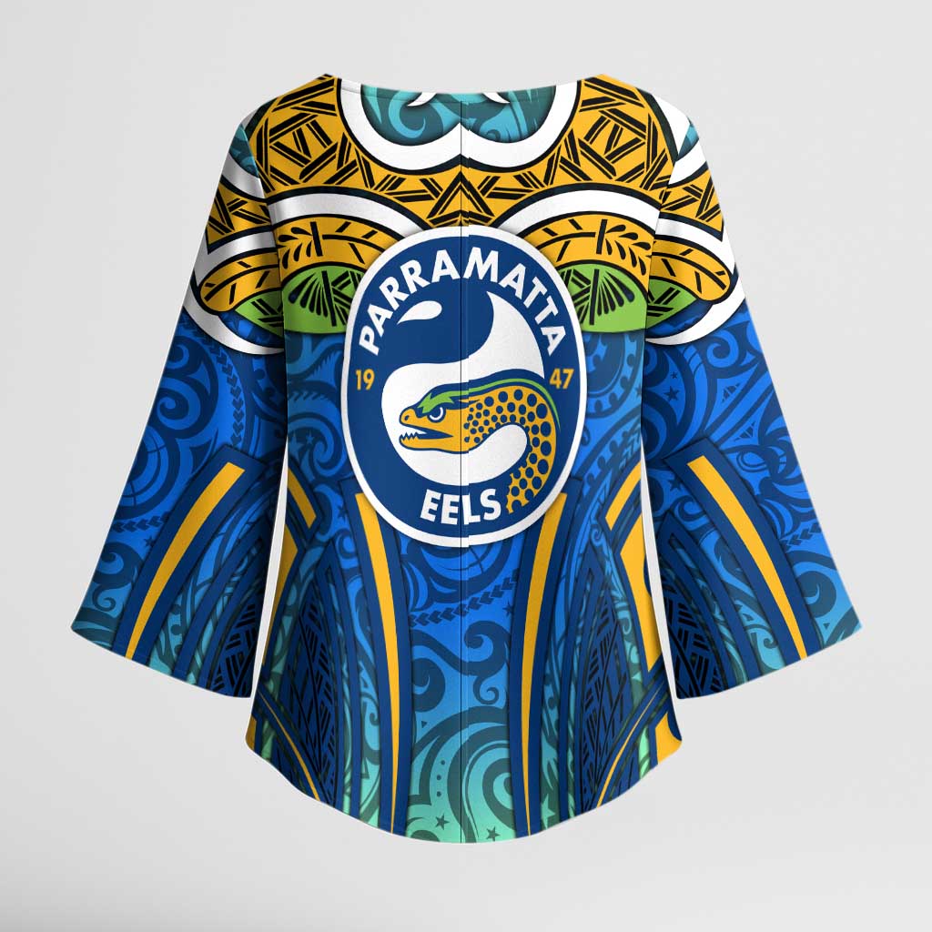 Parramatta Eels Rugby Kimono Sleeve Blouse Polynesian Tribal Eel Warrior Blue Gold Pattern