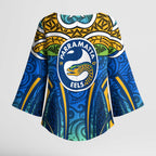 Parramatta Eels Rugby Kimono Sleeve Blouse Polynesian Tribal Eel Warrior Blue Gold Pattern