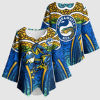 Parramatta Eels Rugby Kimono Sleeve Blouse Polynesian Tribal Eel Warrior Blue Gold Pattern