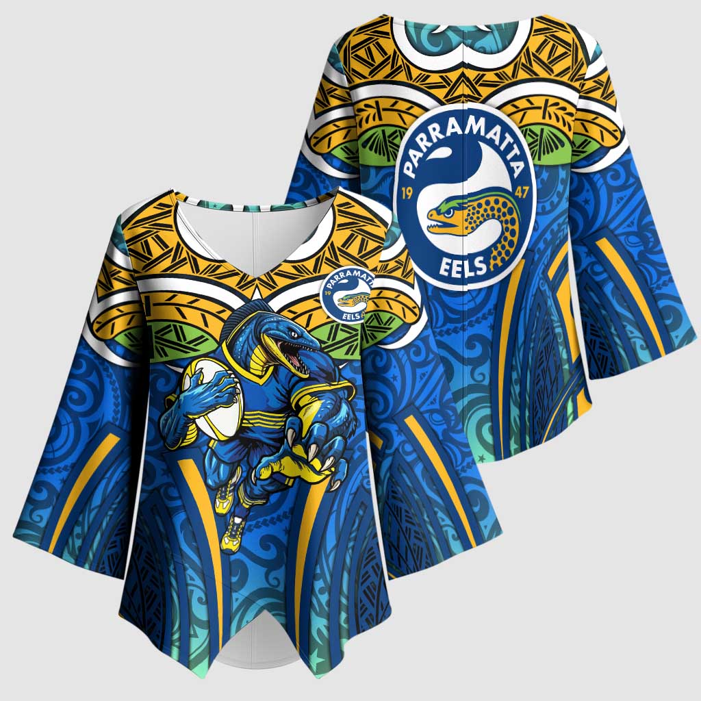 Parramatta Eels Rugby Kimono Sleeve Blouse Polynesian Tribal Eel Warrior Blue Gold Pattern