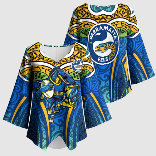 Parramatta Eels Rugby Kimono Sleeve Blouse Polynesian Tribal Eel Warrior Blue Gold Pattern