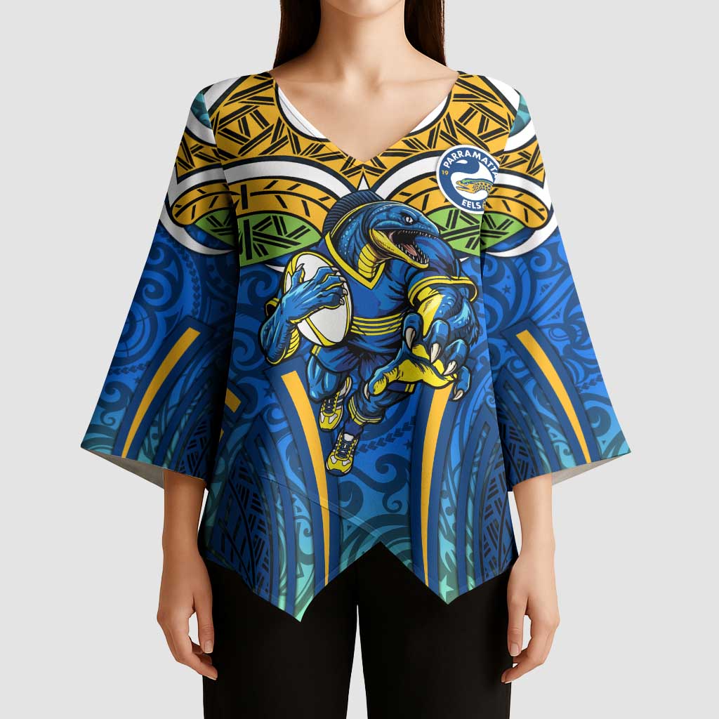 Parramatta Eels Rugby Kimono Sleeve Blouse Polynesian Tribal Eel Warrior Blue Gold Pattern
