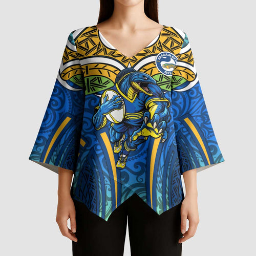 Parramatta Eels Rugby Kimono Sleeve Blouse Polynesian Tribal Eel Warrior Blue Gold Pattern
