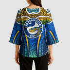 Parramatta Eels Rugby Kimono Sleeve Blouse Polynesian Tribal Eel Warrior Blue Gold Pattern