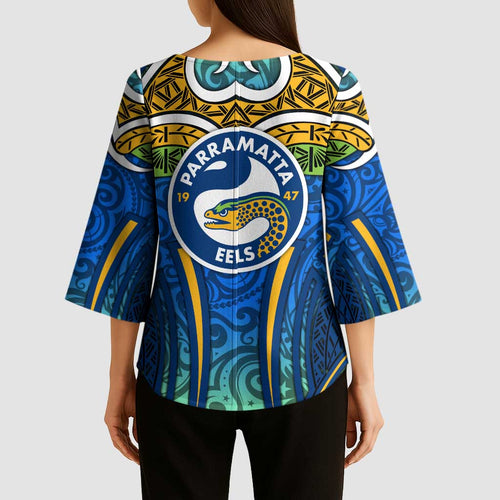 Parramatta Eels Rugby Kimono Sleeve Blouse Polynesian Tribal Eel Warrior Blue Gold Pattern
