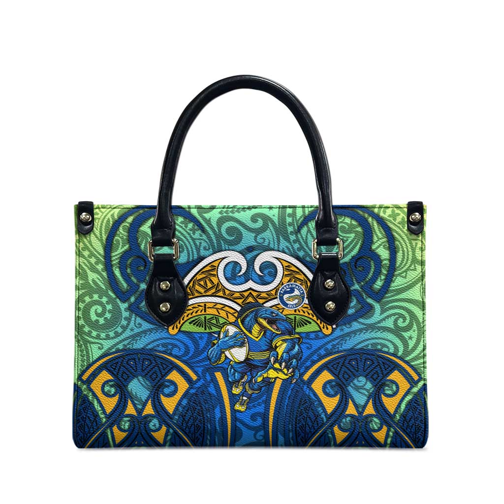 Parramatta Eels Rugby Leather Bag Polynesian Tribal Eel Warrior Blue Gold Pattern