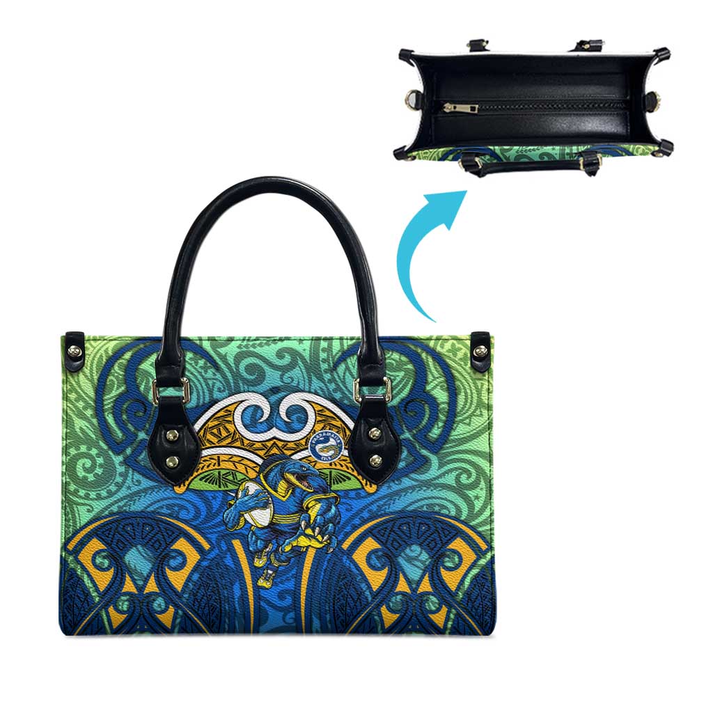 Parramatta Eels Rugby Leather Bag Polynesian Tribal Eel Warrior Blue Gold Pattern