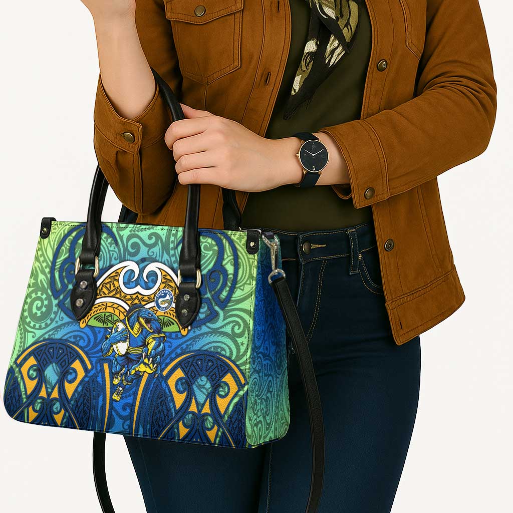 Parramatta Eels Rugby Leather Bag Polynesian Tribal Eel Warrior Blue Gold Pattern