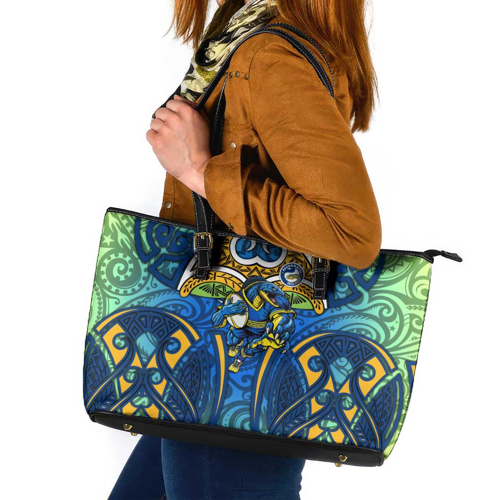 Parramatta Eels Rugby Leather Tote Bag Polynesian Tribal Eel Warrior Blue Gold Pattern