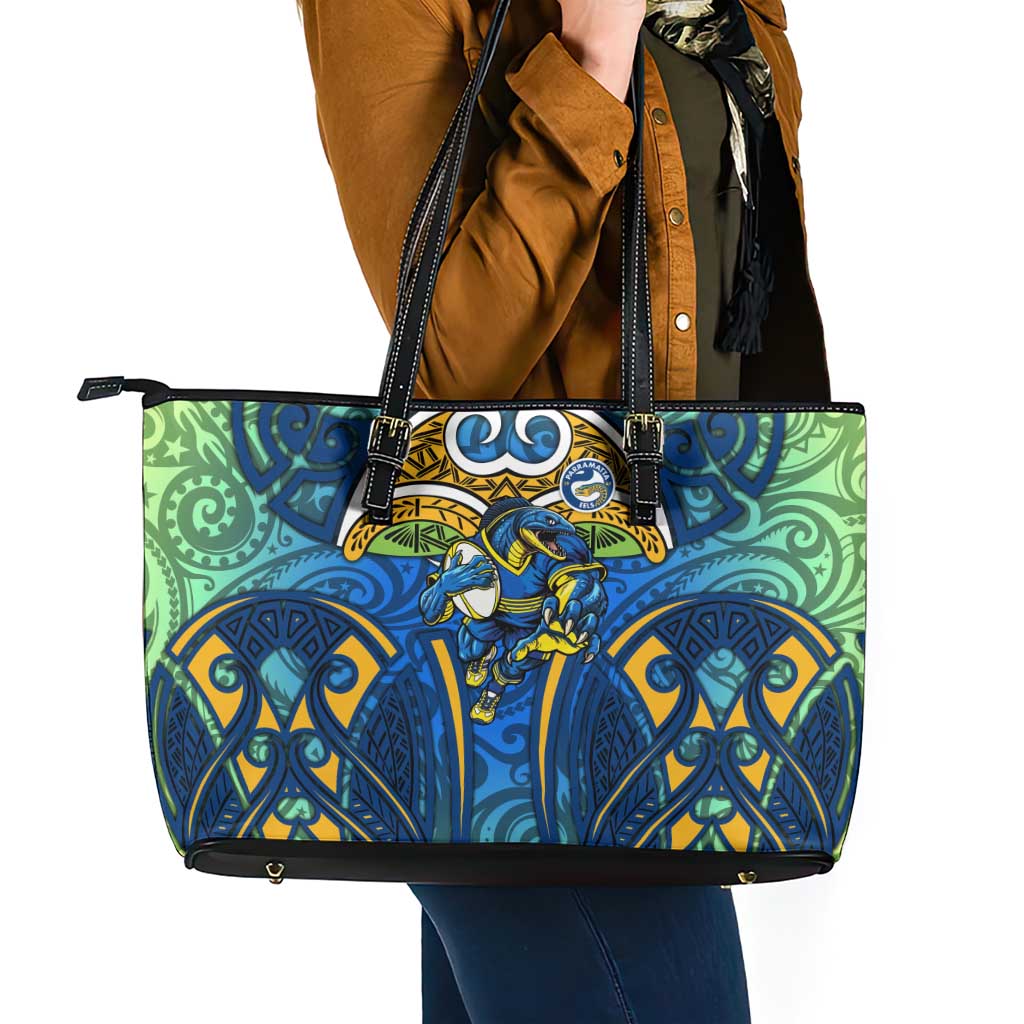 Parramatta Eels Rugby Leather Tote Bag Polynesian Tribal Eel Warrior Blue Gold Pattern