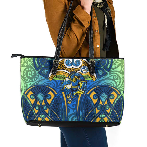 Parramatta Eels Rugby Leather Tote Bag Polynesian Tribal Eel Warrior Blue Gold Pattern