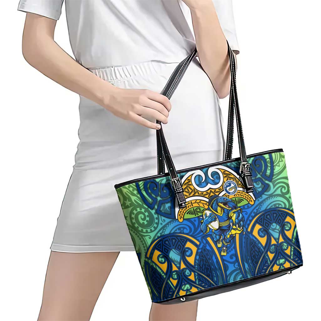 Parramatta Eels Rugby Leather Tote Bag Polynesian Tribal Eel Warrior Blue Gold Pattern