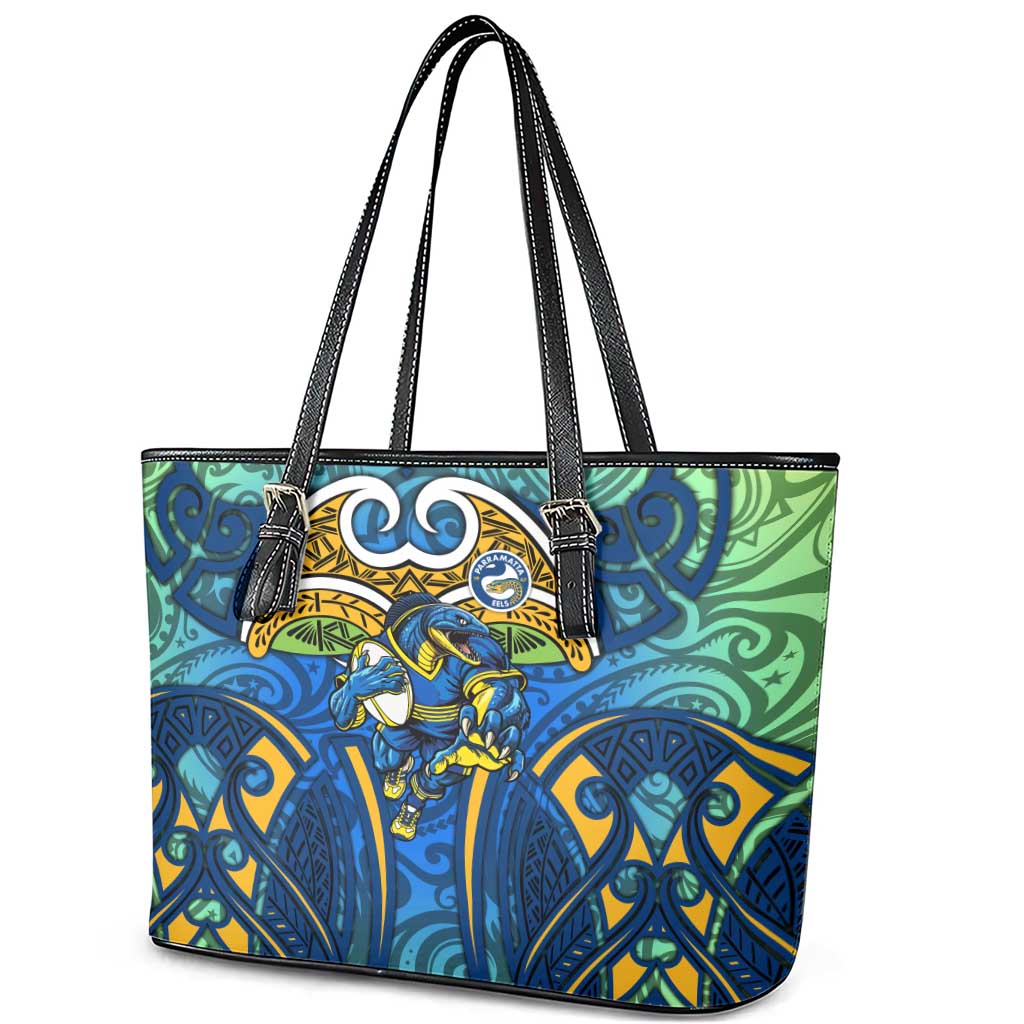 Parramatta Eels Rugby Leather Tote Bag Polynesian Tribal Eel Warrior Blue Gold Pattern