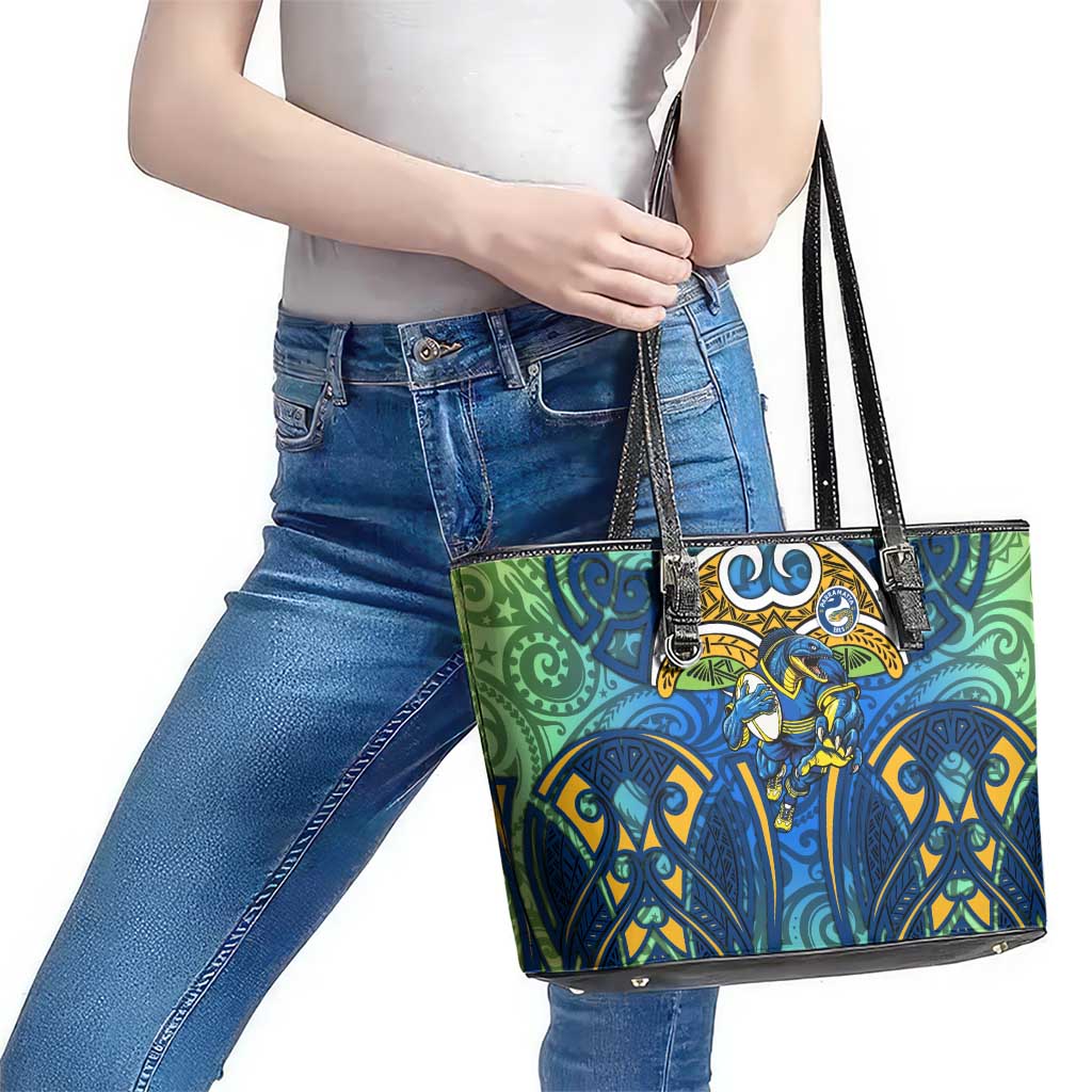 Parramatta Eels Rugby Leather Tote Bag Polynesian Tribal Eel Warrior Blue Gold Pattern