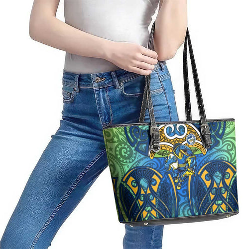 Parramatta Eels Rugby Leather Tote Bag Polynesian Tribal Eel Warrior Blue Gold Pattern