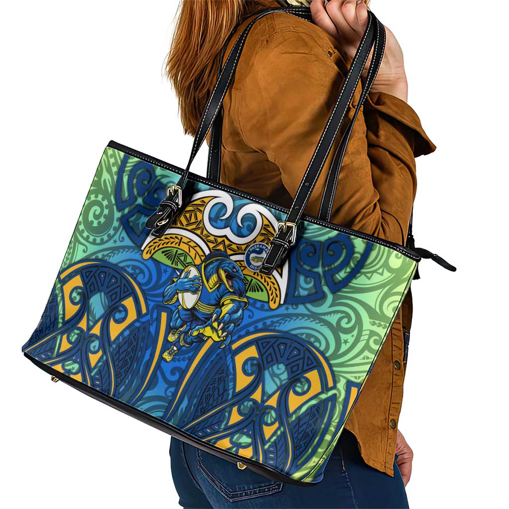 Parramatta Eels Rugby Leather Tote Bag Polynesian Tribal Eel Warrior Blue Gold Pattern